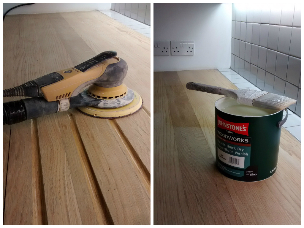 Oak worktop being and after being sanded with the Mirka dust-free system