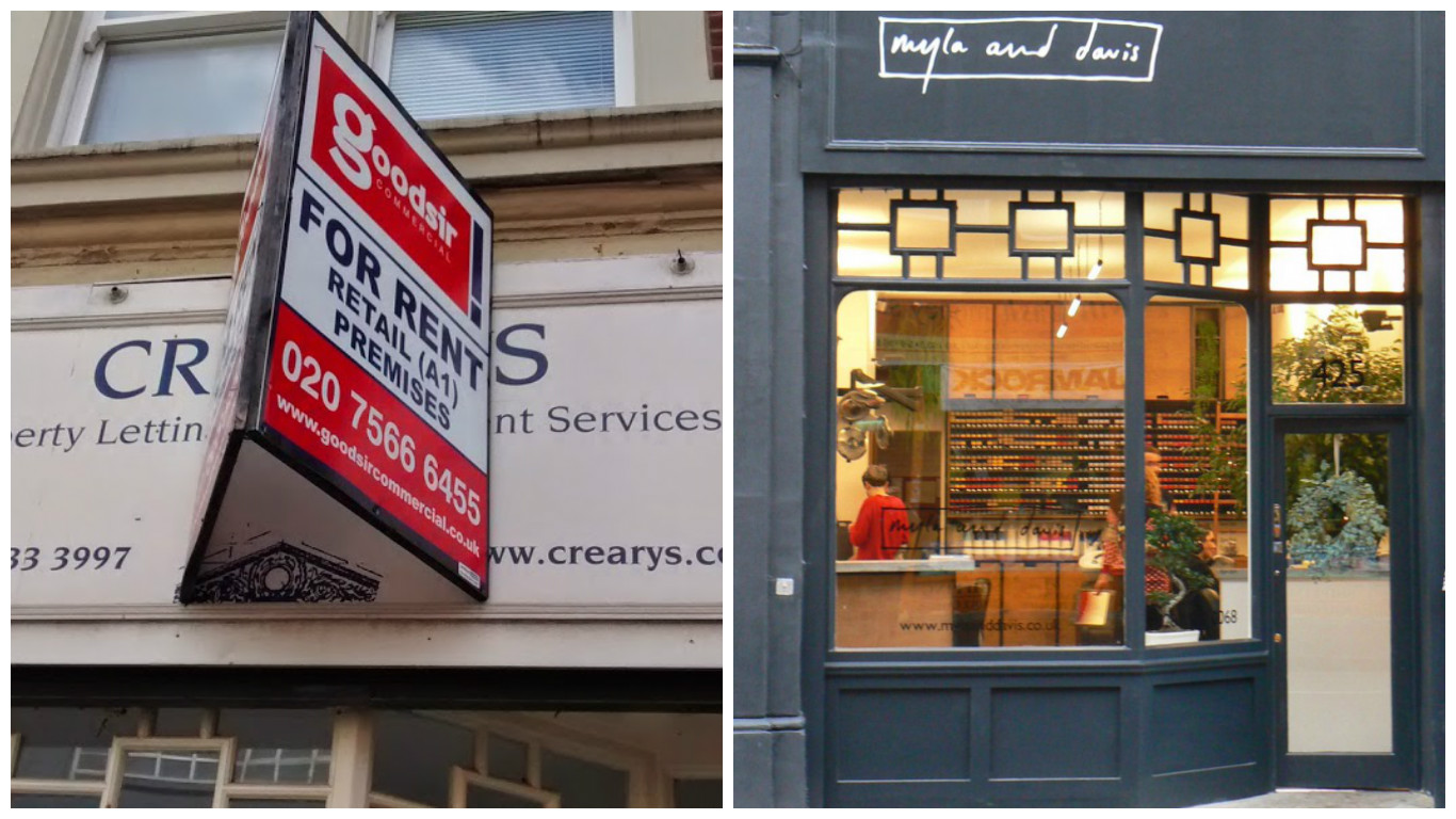 Photos showing the facade of the Myla & Davis salon in Brixton, before and after being painted by Trim Decorating
