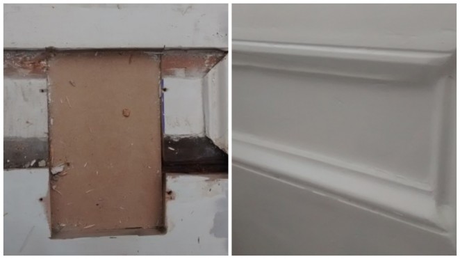 Repair and redecoration of a Victorian panel door after removal of a catflap
