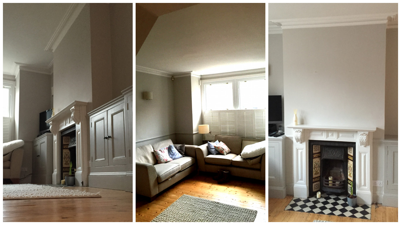 Three images showing the results of the Trim Decorating team's work on a sitting room in Earlsfield, southwest London