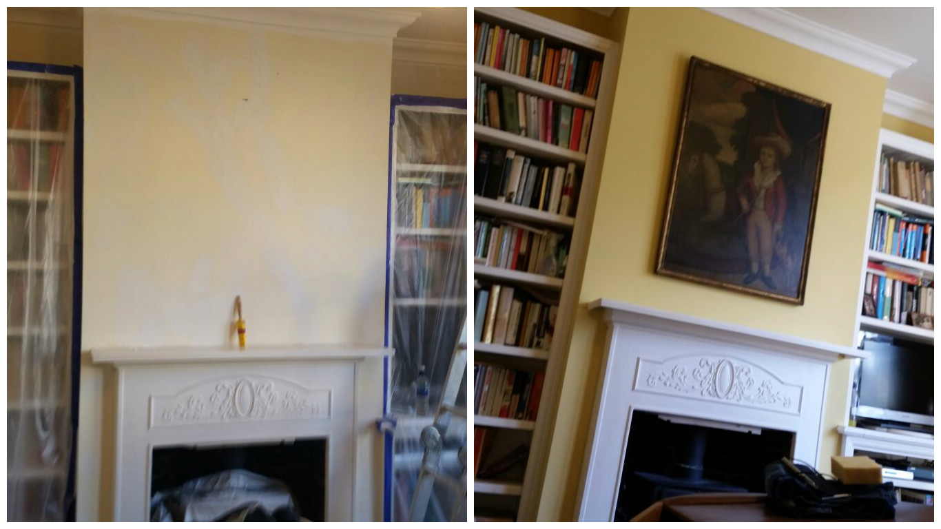 A period sitting room in Herne Hill before and after being painted with Yellow Ground by Farrow & Ball 