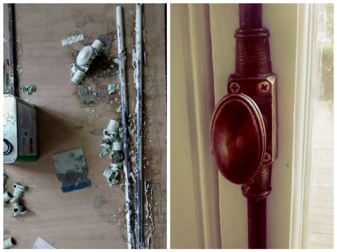 Photos of Victorian brass ironmongery before and after paint stripping