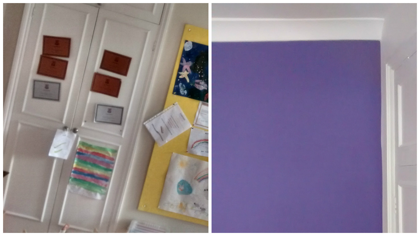 Photos showing a bedroom before and after redecoration with a strong purple colour