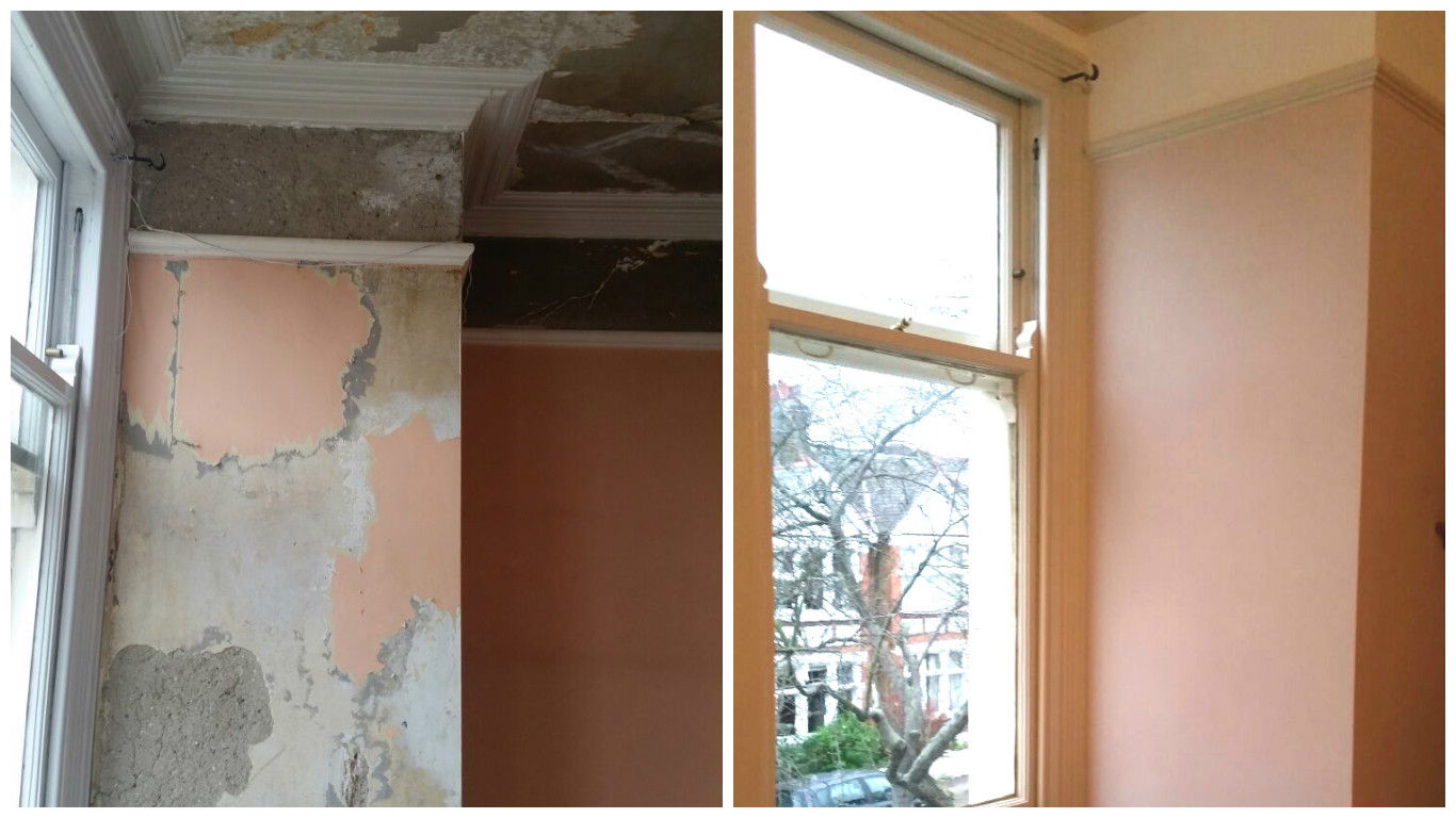 Edwardian sitting room with damaged wall before and after