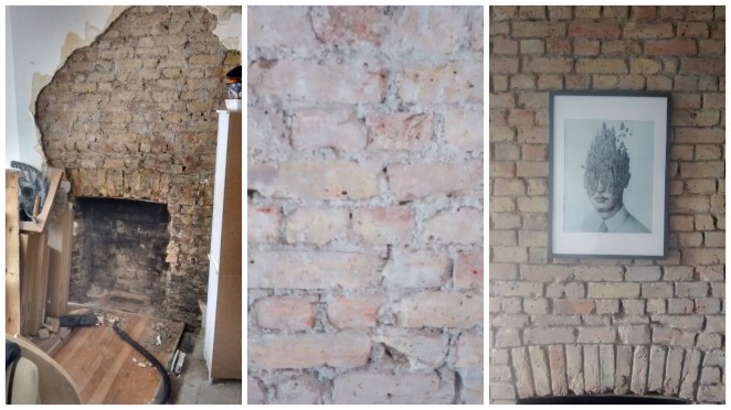 Before and after photos of an exposed brickwork chimney breast