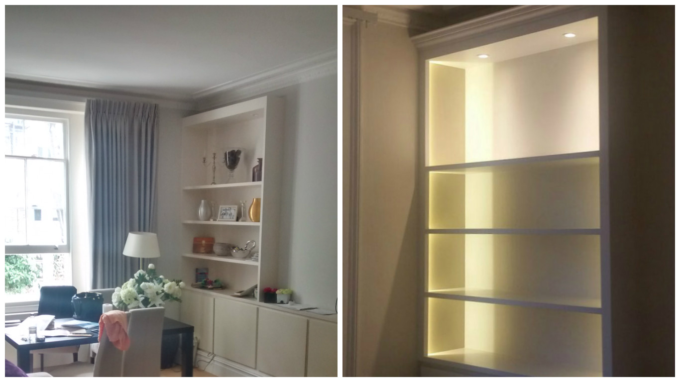 Fitted bookcases in a flat in Earls Court, painted in Eico eggshell and metallic paints